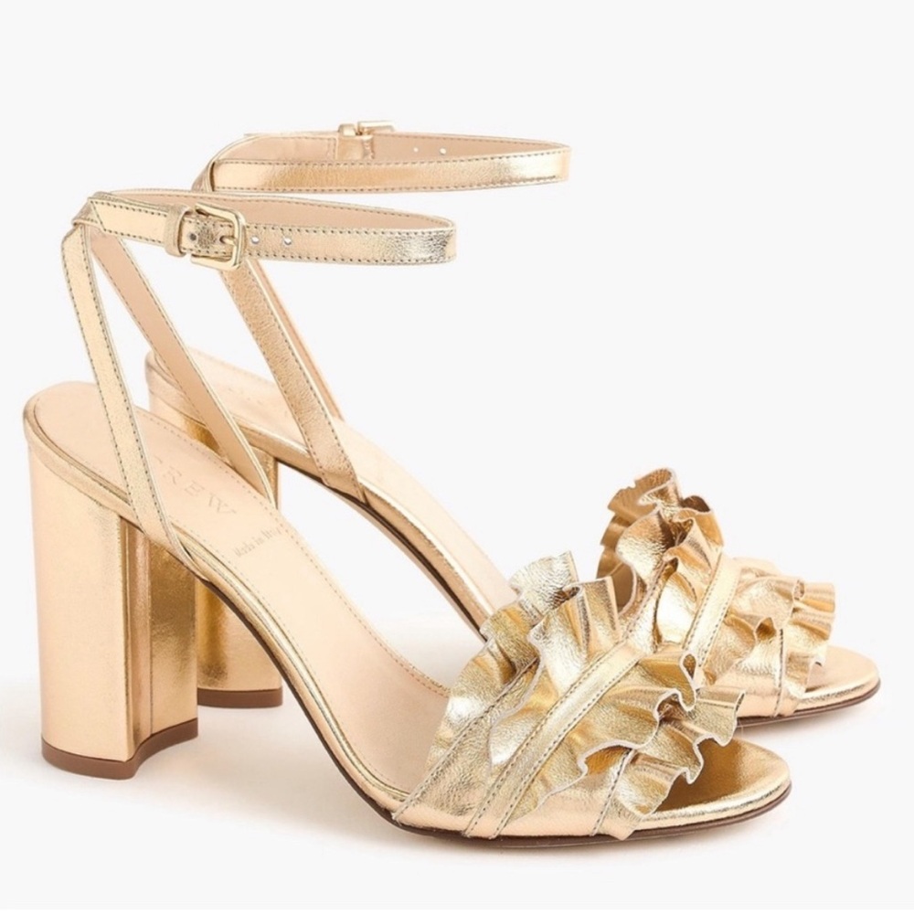 J. Crew Gold Ruffle Strap Heels